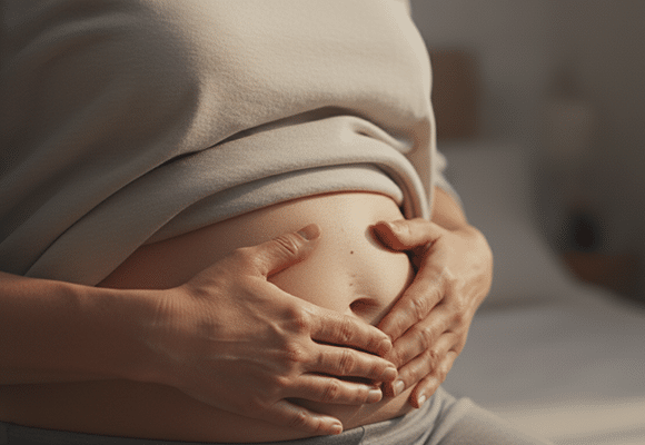 Eine Person, die ein hellgraues Oberteil trägt, sitzt und wiegt sanft ihren schwangeren Bauch mit beiden Händen, sanft beleuchtet von natürlichem Licht - ein Bild, das die Ruhe und Fürsorge widerspiegelt, die oft während der Darmberatung in der Schwangerschaft gesucht wird.